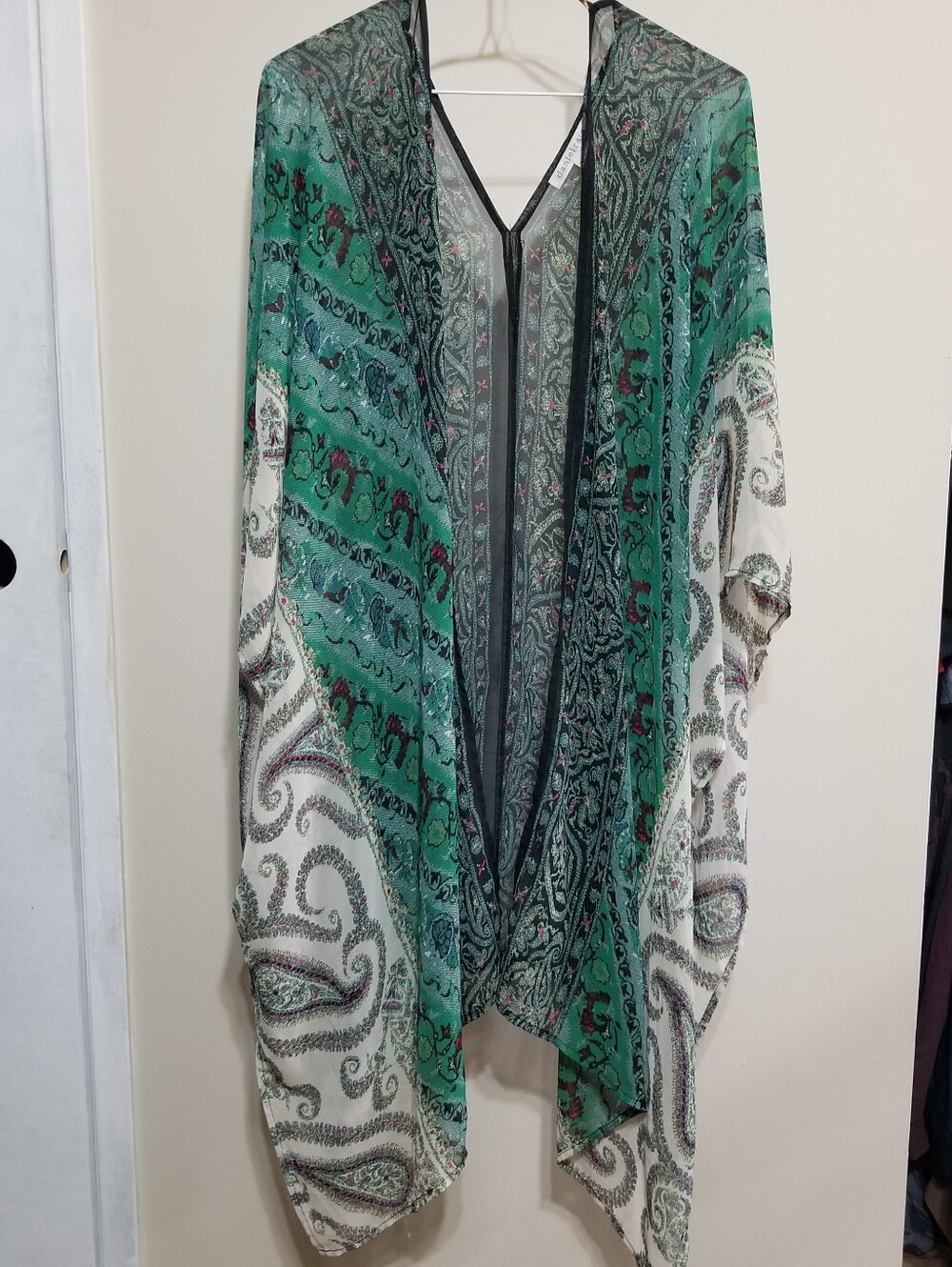 Daniel Rainn Teal Paisley Sheer Kimono Black Trim 2x-3x